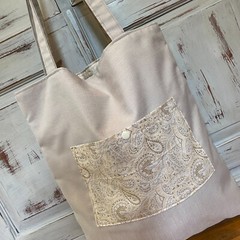 Tote Bag Fully Reversible, Shopping/Beach Bag, Paisley Beige & Cream, 40x38cm