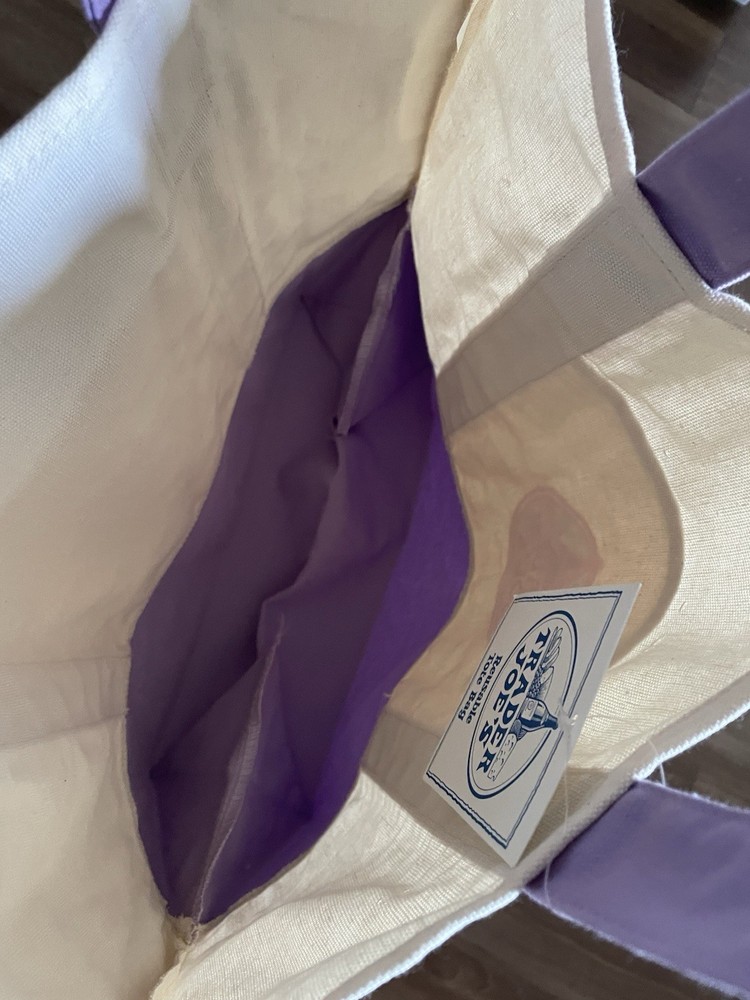 Trader Joe’s Foldable Canvas Reusable Shopping Bag Purple White Solid LIMITED ED