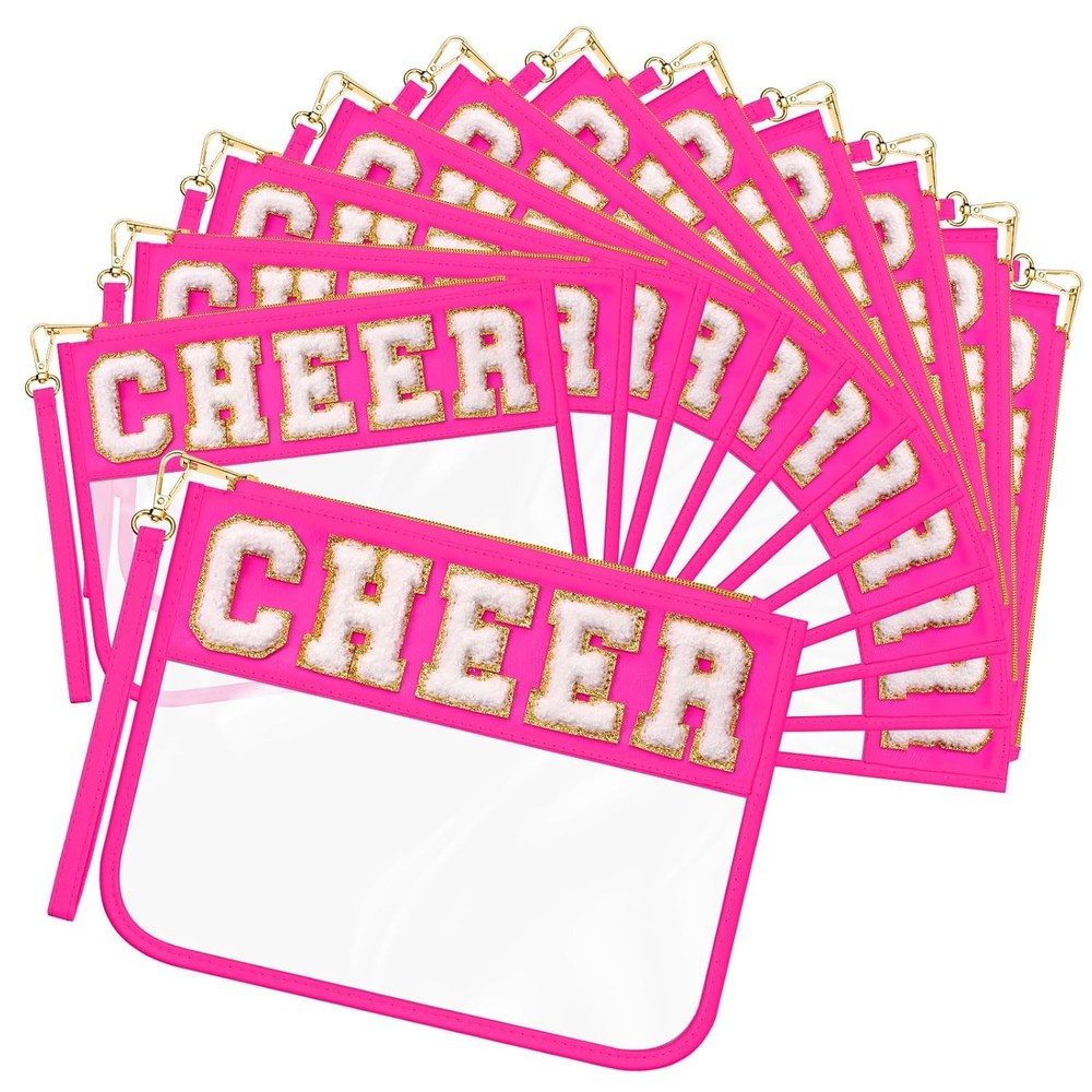 Abbylike 12 Pcs Snack Bags Clear Chenille Letter Cheer Zipper Pouch Rose Red