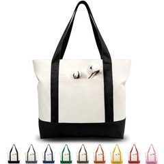 Canvas Tote Bag with Pocket, Zipper, Reusable Grocery Bag, Black/Natural