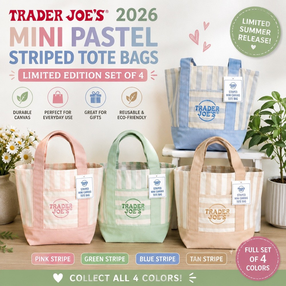 Trader Joe’s 2026 Striped Mini Tote Bags Pastel Colors Full Set 4 NWT