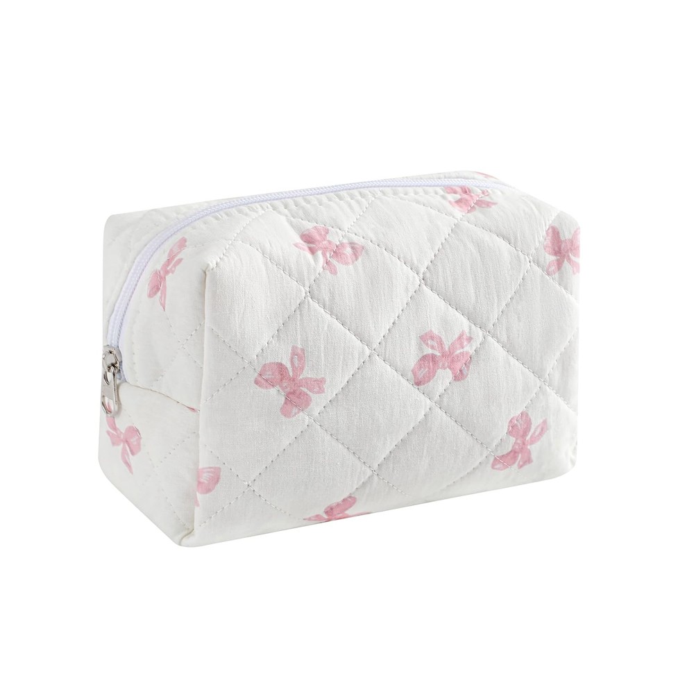 RSRSLEII Small Quilted Cotton Makeup Bag, Cute Floral 12White Pink Bow