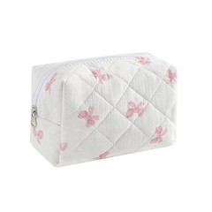 RSRSLEII Small Quilted Cotton Makeup Bag, Cute Floral 12White Pink Bow
