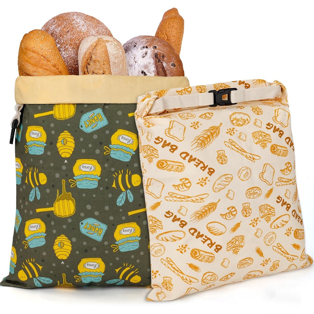 HAPYHOOM 2 Pack Natural Beeswax Bread Bags Large, Off white & Green
