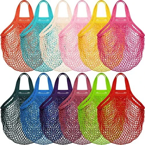 12 Pack Reusable Cotton Mesh Net Shopping Bag Grocery Net Storage Bags w/ Handle