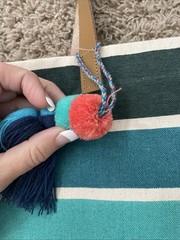 Eccolo Canvas Tote Shopping Bag Multi Color Striped Large Pom Keychain