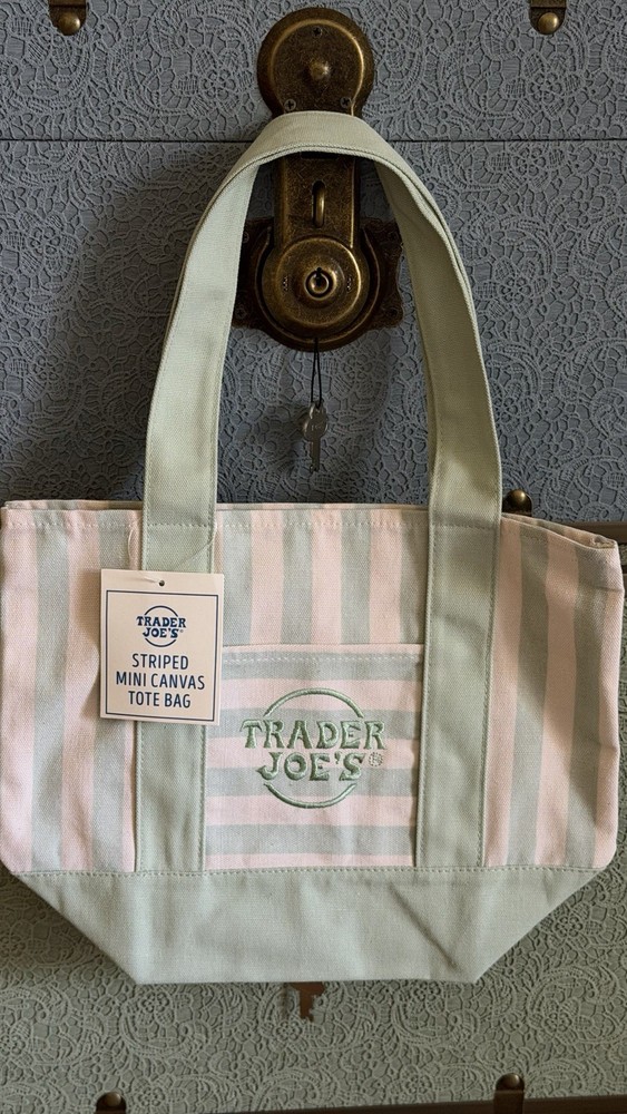 Trader Joe’s Striped Mini Canvas Tote Bag Green/White 13x11x6 Cotton Blend