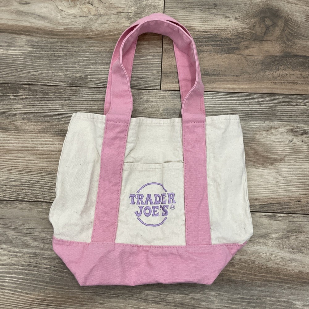 Trader Joe’s Mini Pastel Canvas Tote Bag Small Pink Beige Foldable Color Block