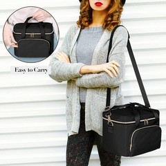 Travel Makeup Bag with 2 Pouches and Adjustable Dividers, Large Black