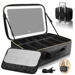Upgraded Large Travel Makeup Bag with LED Mirror, 15” Professional Black