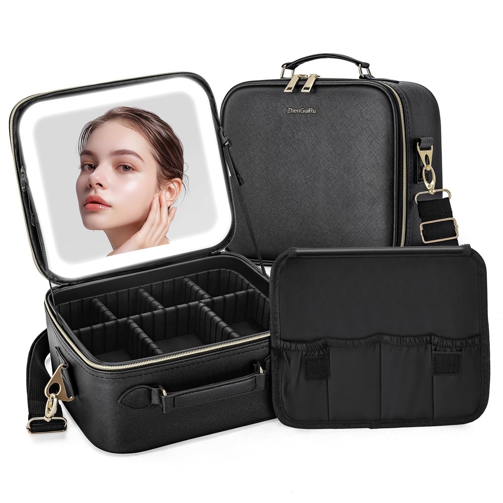 ZhenGuiRu Travel Makeup Bag with LED Mirror, Portable Cosmetic CosBagBlack-C