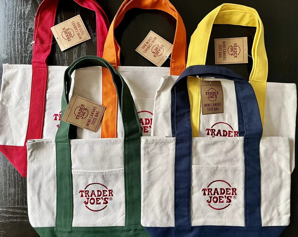 Trader Joe’s Mini Canvas Tote Bags – Set of 5 Colors – w/ Orange Crew Bag – NWT!