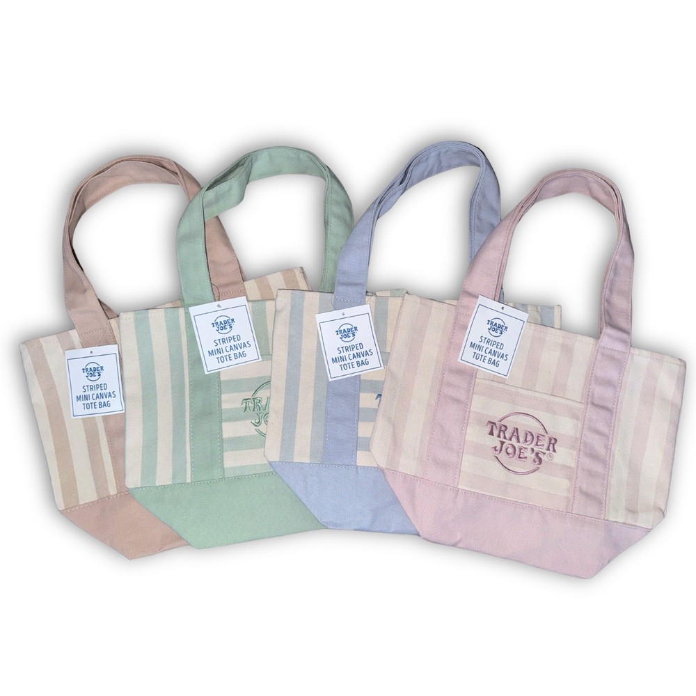 Trader Joe’s Mini Canvas Tote Bag Set Of 4 Pastel Pink Blue Green Brown Striped