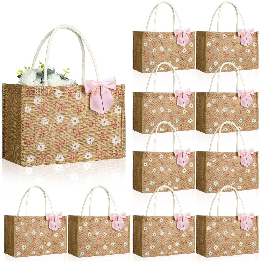 12 Pcs Coquette Bow Burlap Tote Bags with Handle Set, Daisy Flower Reusable B…