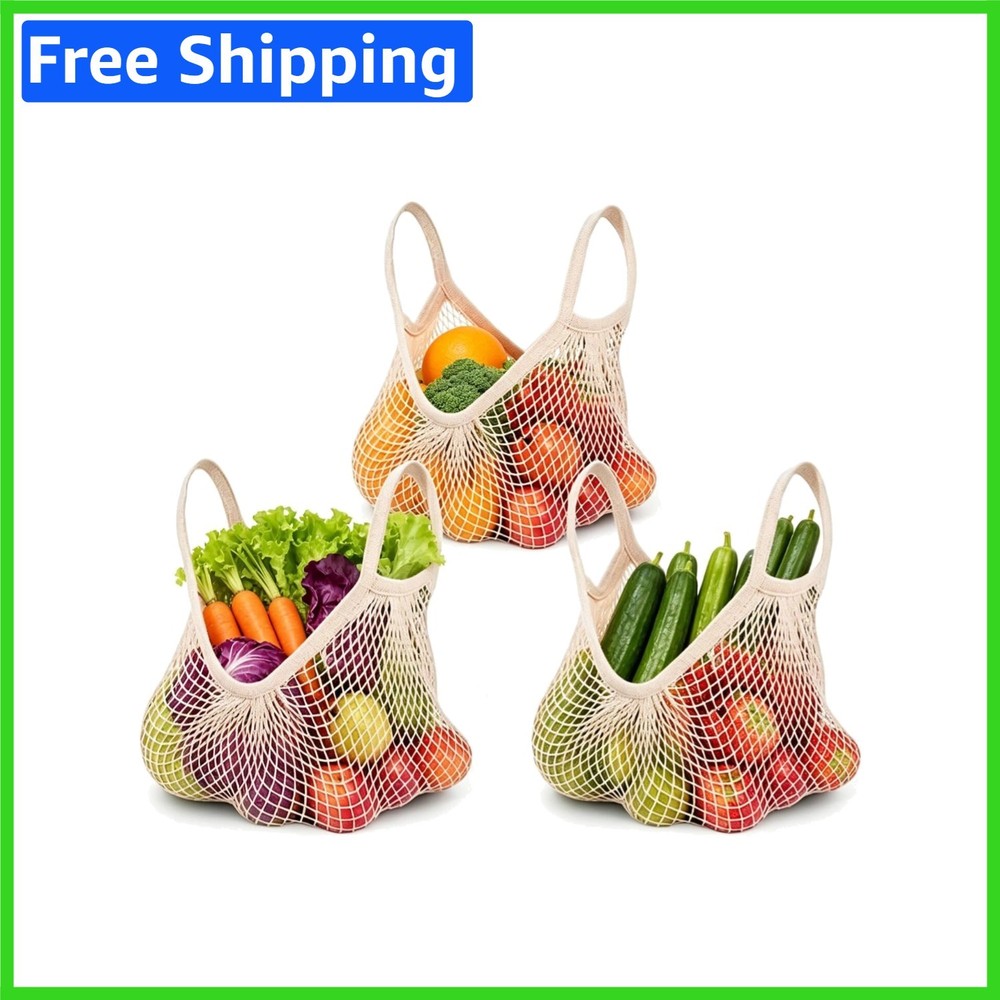 Vintage Style Cotton String Grocery Bags – Set of 3, Machine Washable, Beige