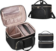 Travel Makeup Bag with 2 Pouches and Adjustable Dividers, Large Black