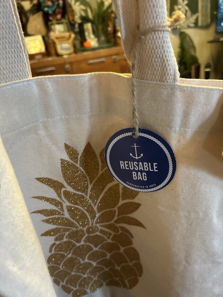Canvas Reusable Tote Bag – Gold Glitter Pineapple Print – Handmade – 15” x 15”
