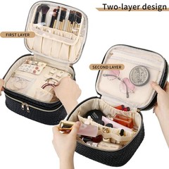 Pinkmik Travel Makeup Bag for Women Double Layer Cosmetic with A/Black