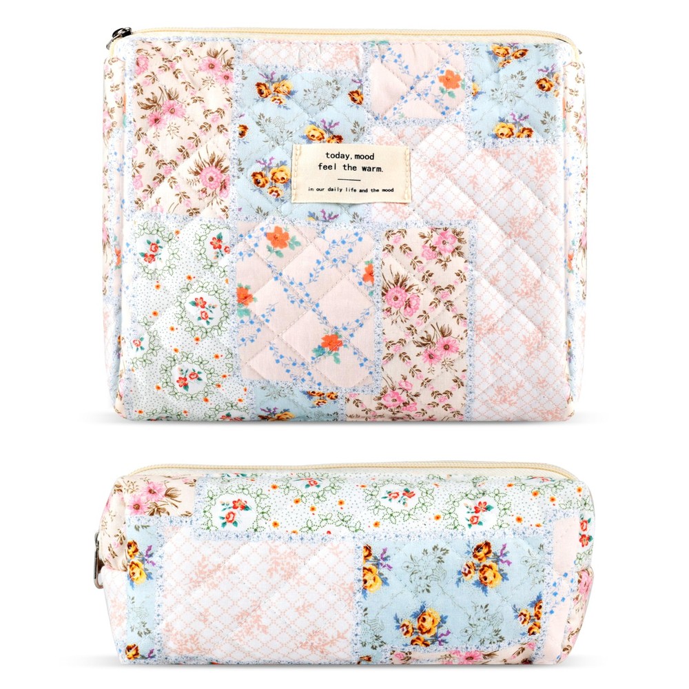 2Pcs Quilted Cotton Makeup Bag Large 9.4*6.7*3.5 inches, Ah-blue flower bee