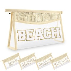 Small Boho Straw Clear Beach Makeup Bags for Women&Girls, Zipper Beige