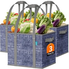 3 PCS Blue Reusable Grocery Bags Large Foldable Shopping Tote Hard Bottom