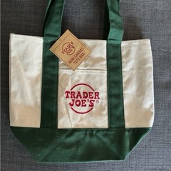 Trader Joe’s Small Foldable Canvas Reusable Shopping Bag Green Beige Color Block
