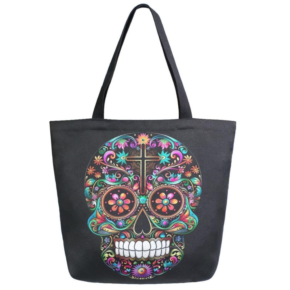 Chic Extra Large Shoulder Grocery Tote Bag, Colors Sugar Skull Day of Dead Bl…