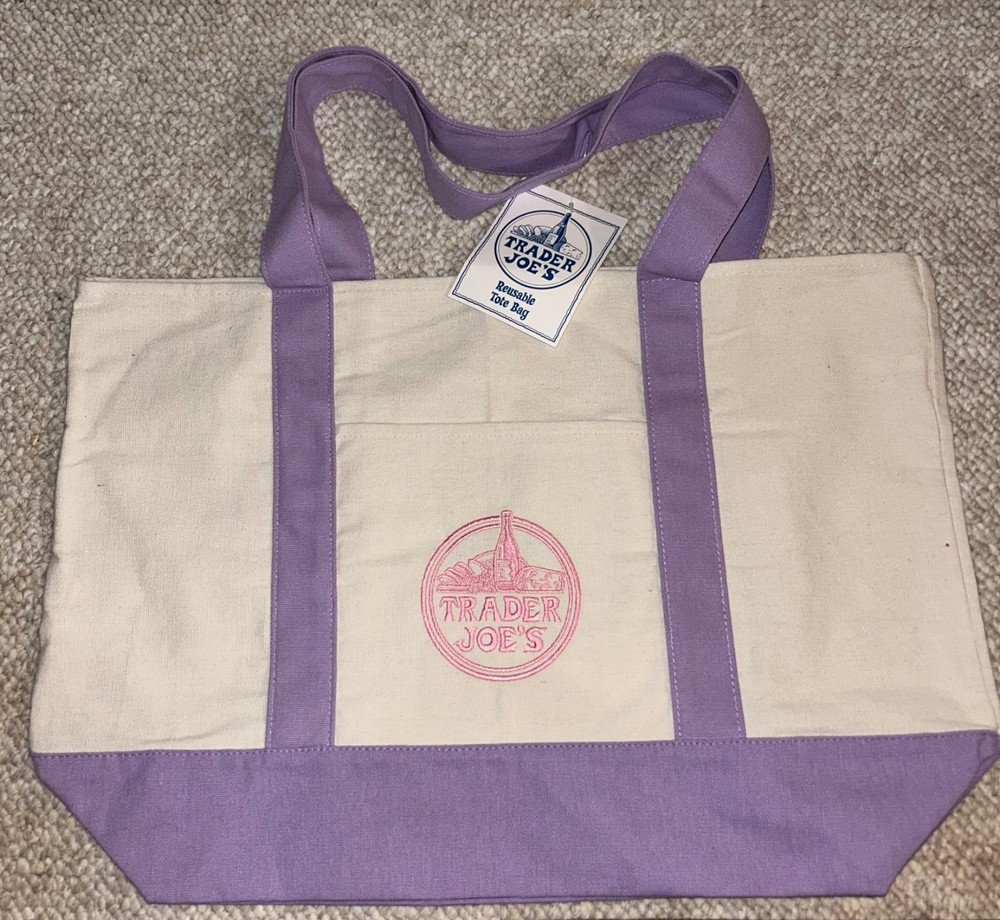 NWT Trader Joes Reusable Large Tote Bag Embroidered 21 x 14 Purple