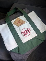 Trader Joe’s Canvas Tote Reusable Shopping Bag Logo Pattern Green White Red