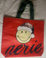 Aerie Christmas Smiley Santa Plaid Holiday Reusable Shopping Gift Tote Bag 2023