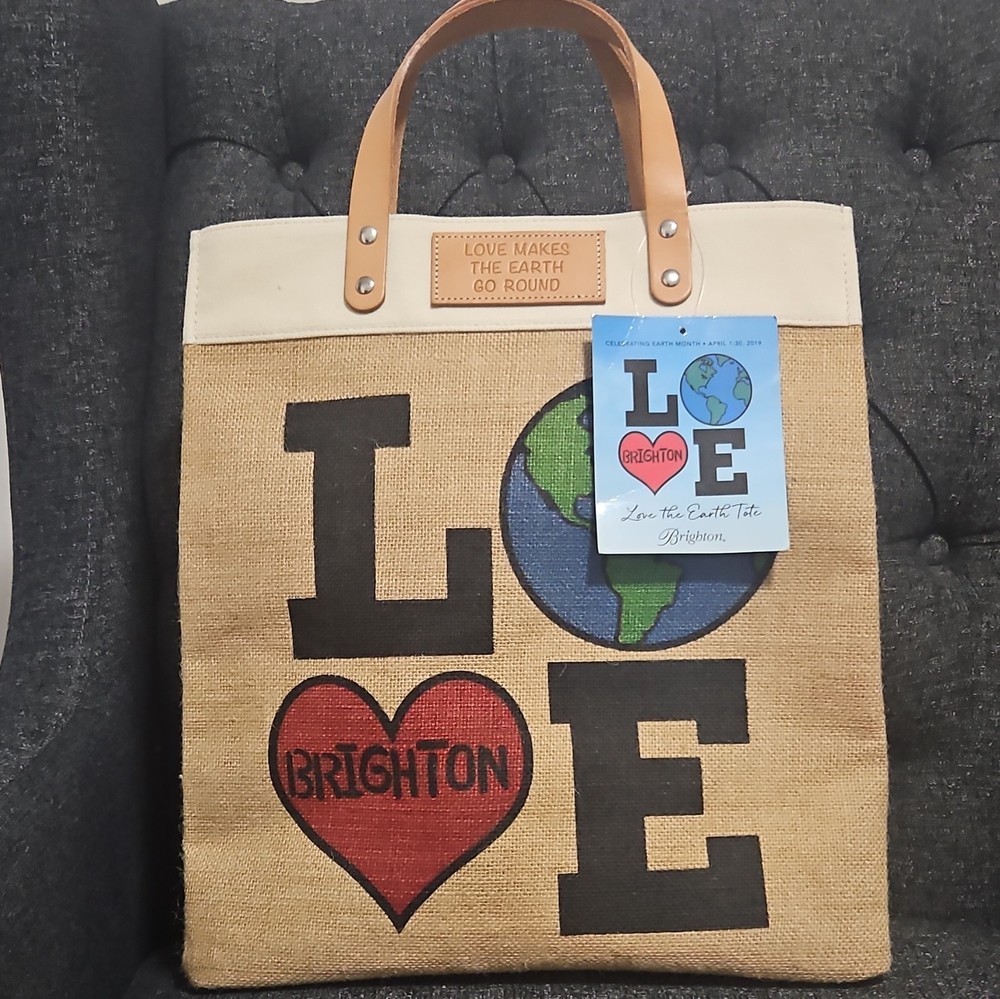 Brighton Love the Earth Reusable Jute Tote w/ Leather Handles 15x13x6″