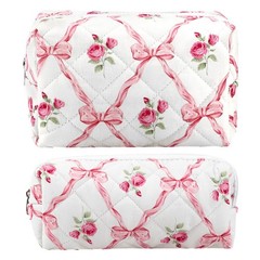 URSKYTOUS 2Pcs Cotton Quilted Makeup Bag for Women Girls Coquette Pink Bow