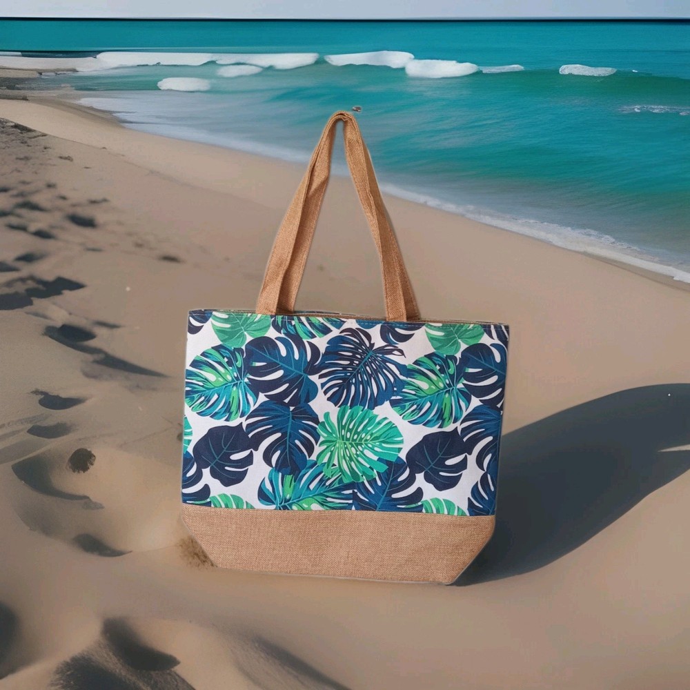 Large Blue Multicolor Leaf Print Polyester Tote Reusable Bag Beige Handles