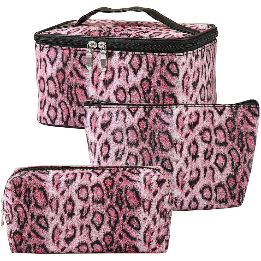 Kaxich 3PCS Leopard Print Makeup 21x15x12.3cm/8.27″ x 5.9” x 4.84”, Rose