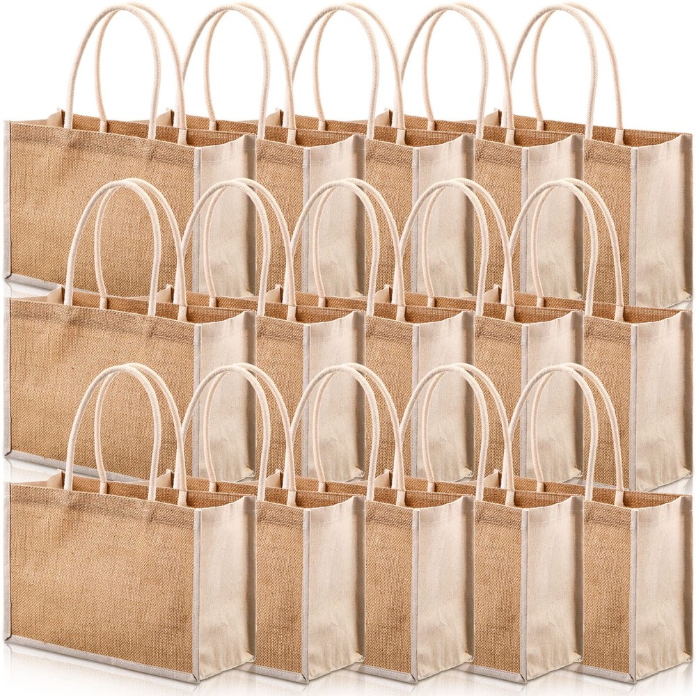 16 Pcs Jute Tote Gift Bags Natural Burlap Grocery Shopping Bag Beach Tote wit…