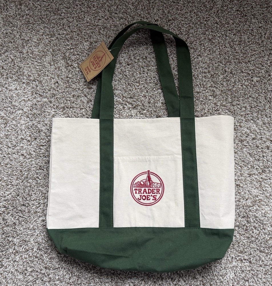 Trader Joe’s Large Canvas Reusable Tote Bag Green/Beige 13x6x14 in