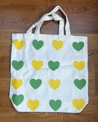 White Yellow Green Foldable Canvas Reusable Shopping Bag Hearts Pattern