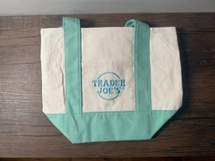 Trader Joe’s Mini Pastel Canvas Tote Bag Green handles Cotton-Poly 13.5x6x10.5