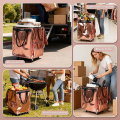 (Medium,Rose Gold) Reusable Grocery Bag on 4 Wheels, Foldable Rolling Tote Bag w