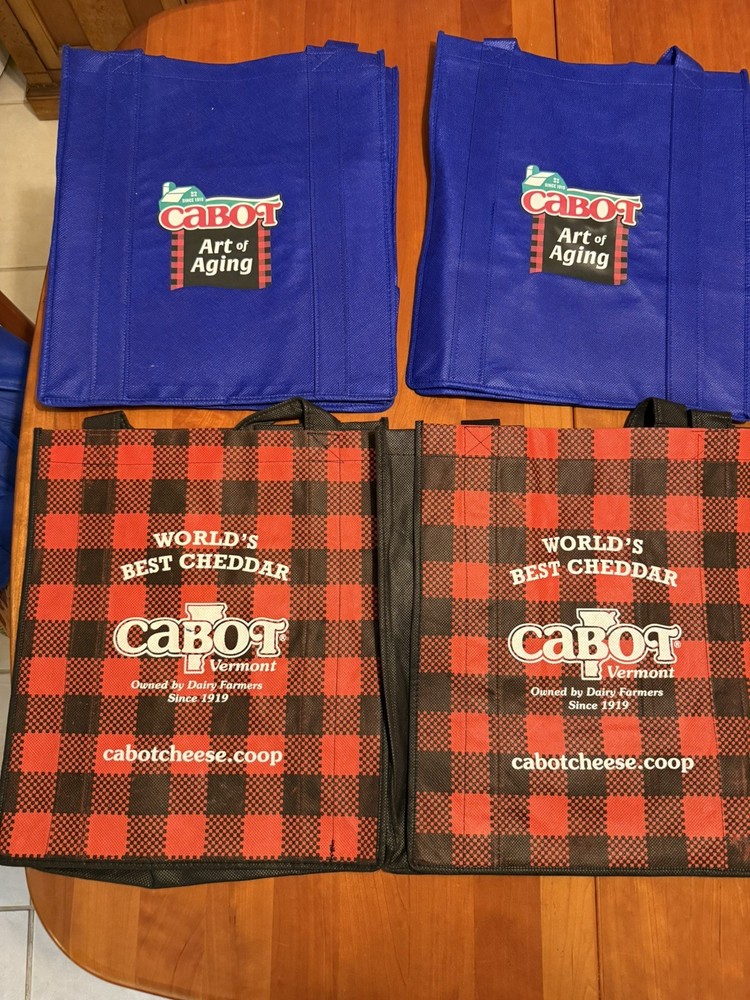 Cabot Cheese Shopping Totes (Four) – Two Plaid and Two Cloth, Never Used