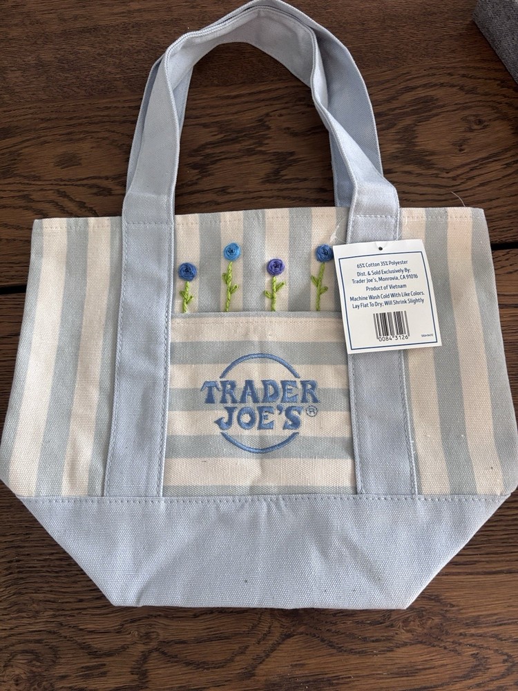 Trader Joe’s Small Striped Blue White Cotton Polyester Reusable Tote 13x6x10