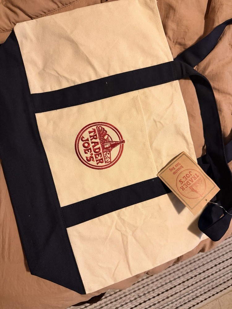 Trader Joe’s Reusable Foldable Canvas Shopping Bag Beige Navy Blue