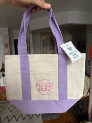 Trader Joe’s Mini Pastel Canvas Tote Bag Beige Purple Colorblock Small