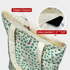 Canvas Tote Bag With Zipper Pocket – Green Hearts, Thick Canvas – Perfect for…
