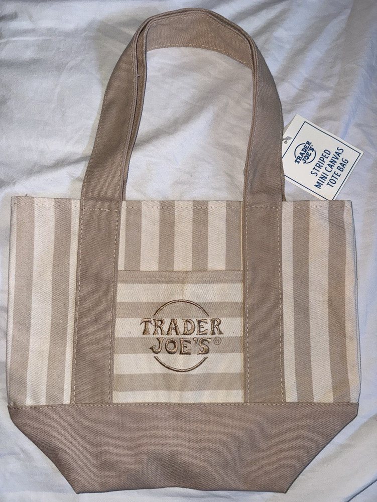 *NEW RELEASTrader Joe’s Striped Mini Canvas Tote Bag Reusable Beige/White
