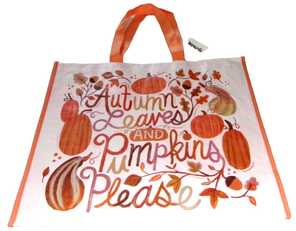 FALL Reusable Tote Bag ~ 20″ X 18″ X 8″ ~ AUTUMN LEAVES AND PUMPKIN PLEASE