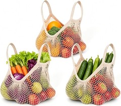 Beige Drawstring Cotton Mesh Bags – Perfect for Eco-Friendly Shopping in 3 Pack
