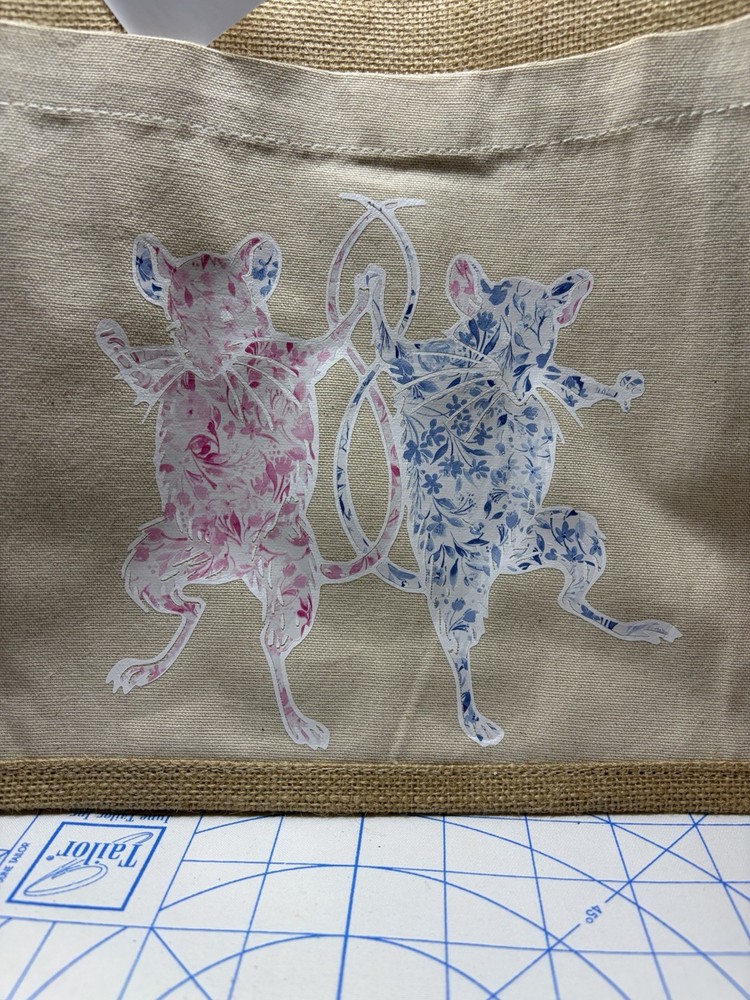 Beige Brown Canvas Burlap Tote Bag Reusable Blue and Pink Toile Rats Design