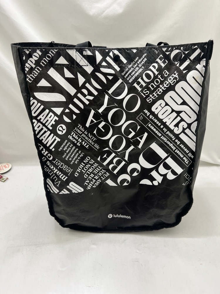 Lululemon Reusable Shopping Tote Bag Snap Button Close Black/White 12″ x 9”