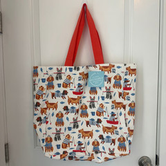 Striped Dog Fishing Pole and Bucket Reusable Cotton Shopping Tote NWT